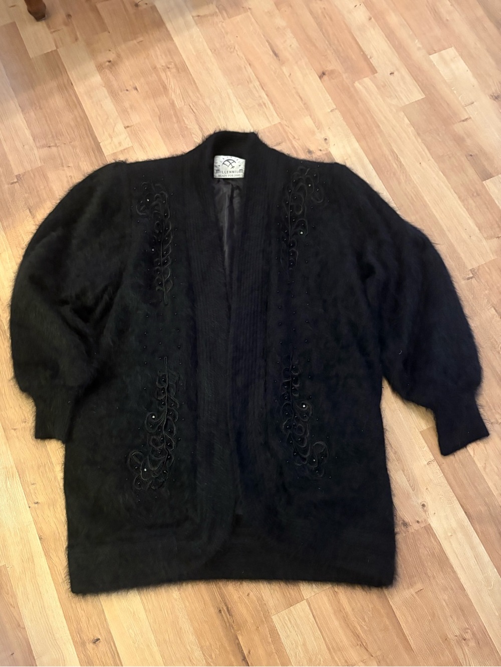 Vintage 90s Soft Angora Open Cardigan with Beaded Floral Appliqué Size Large EUC